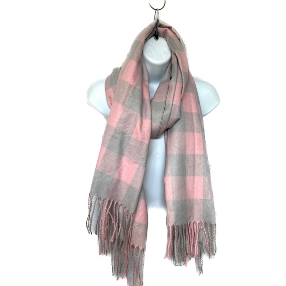 Sky Cashmere Wool Scarf Wrap Fringe Oversized 27" x 72" Pale Pink and Gray Soft - Picture 4 of 6